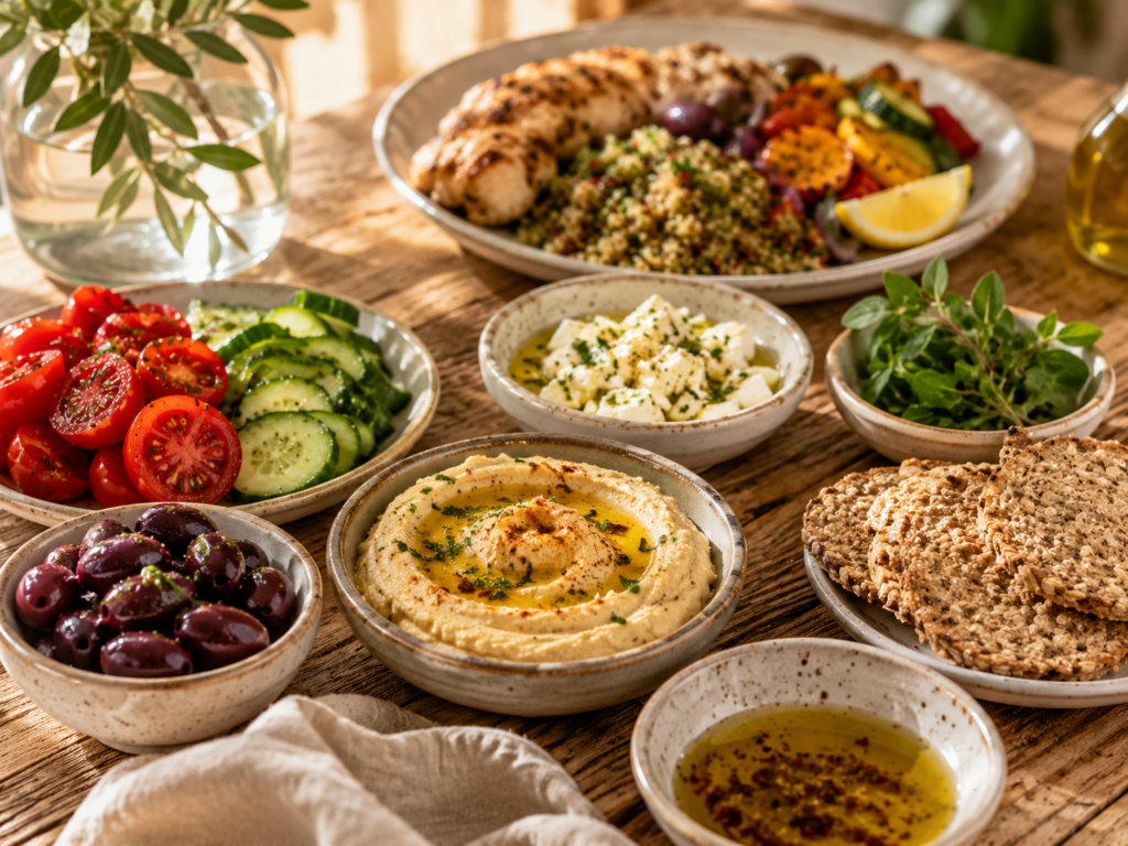 How to Order Your Food on Your Plate to Avoid the 3pm Crash Mediterranean mezze spread showing vegetables hummus olives and protein as first course before main meal following food sequencing