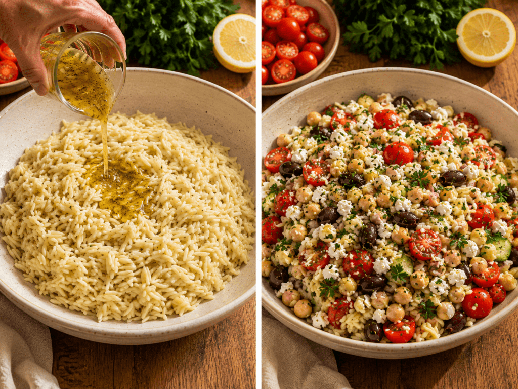 Mediterranean orzo salad step by step preparation showing cooked orzo being tossed with olive oil dressing chickpeas and vegetables in a large bowl