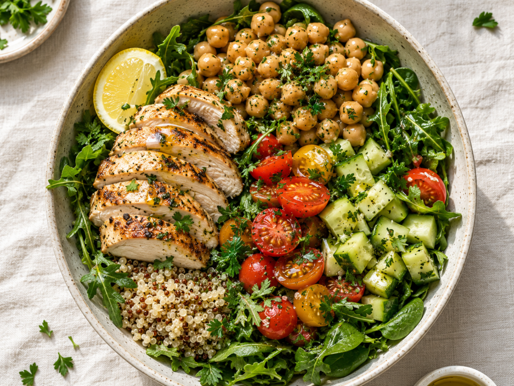 Why Am I Hungry 2 Hours After Eating a Full Meal? (Here Is the Real Reason) Complete Mediterranean lunch bowl with all four fullness elements labeled showing protein chickpeas olive oil and vegetables that prevents 2-hour hunger