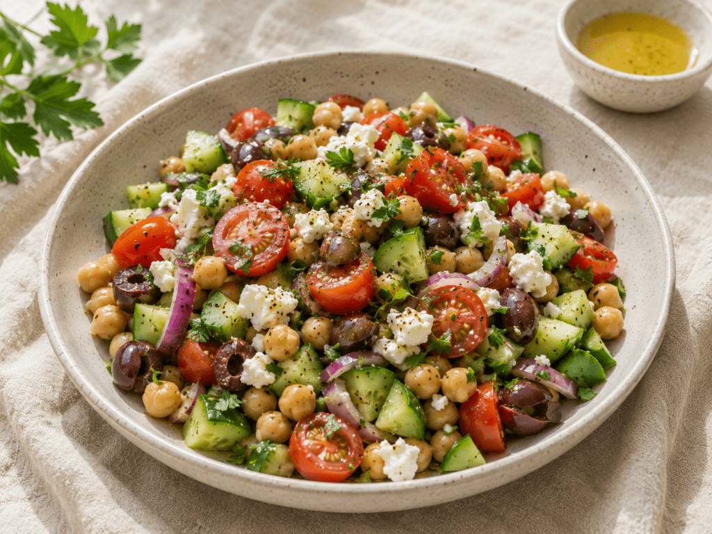 What I Eat in a Day on the Mediterranean Diet Mediterranean lunch bowl with chickpeas cucumber feta olives and olive oil dressing, mediterranean diet lunch