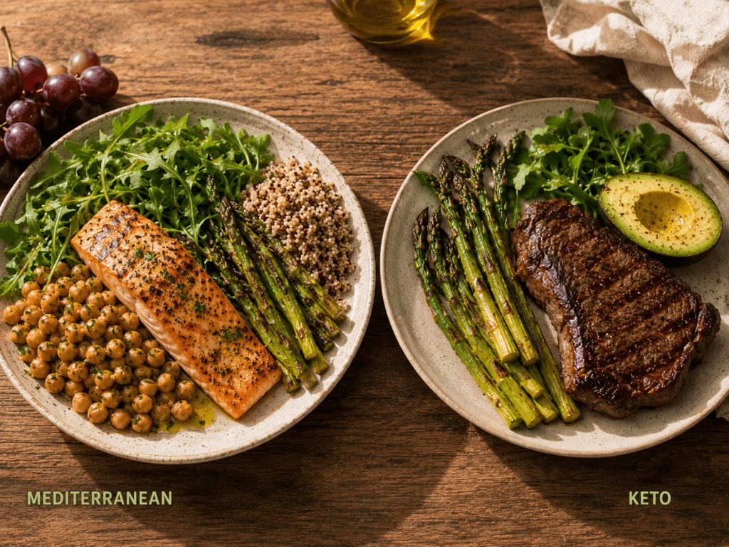 Mediterranean Diet vs Keto for Hunger Control: Which One Actually Keeps You Fuller Longer? Mediterranean diet plate and keto diet plate side by side showing food variety difference and hunger control mechanisms for each approach