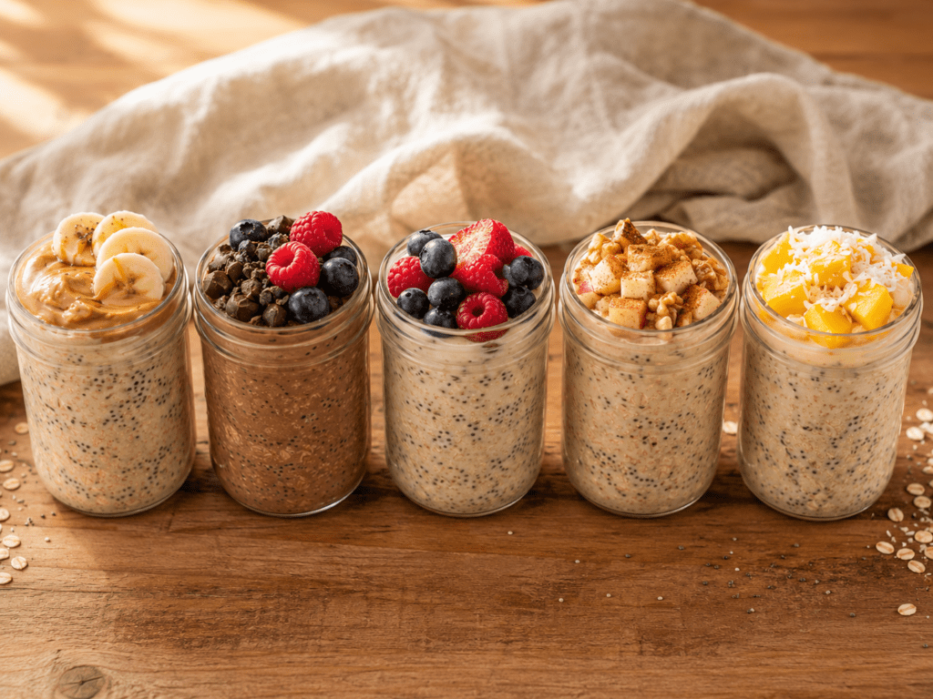 High Protein Overnight Oats with Chia Seeds That Keep You Full Five high protein overnight oats breakfast bowls with chia seeds in glass jars, peanut butter banana chocolate berry apple cinnamon tropical variations