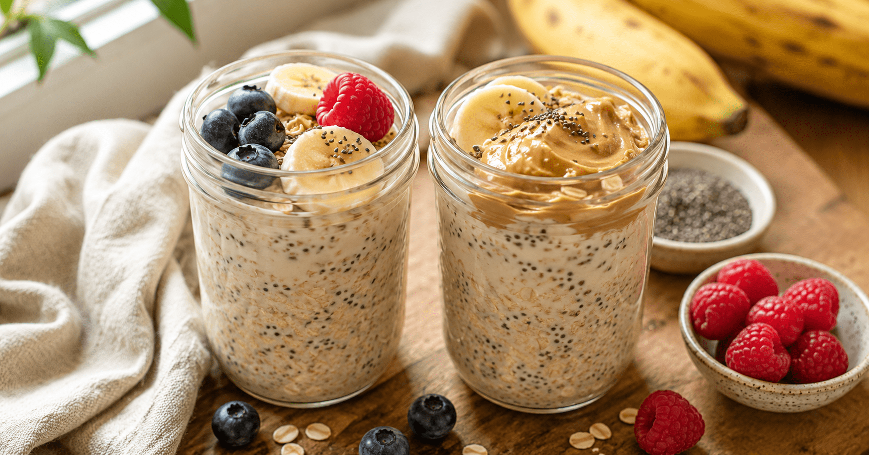 High protein overnight oats with chia seeds in a glass jar topped with berries and banana slices, healthy overnight oats breakfast bowl