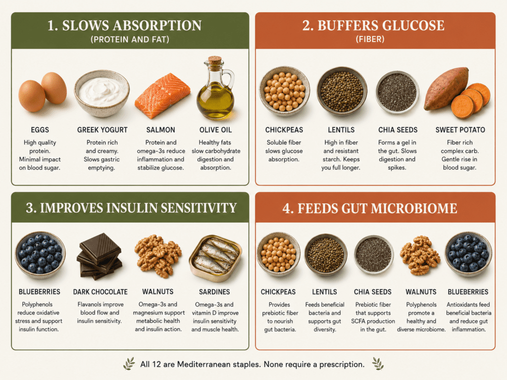 Foods That Stabilize Blood Sugar Naturally (The Mediterranean List for Everyday Energy) Mediterranean blood sugar stabilizing foods organized by mechanism showing protein sources fat sources fiber sources and gut health foods