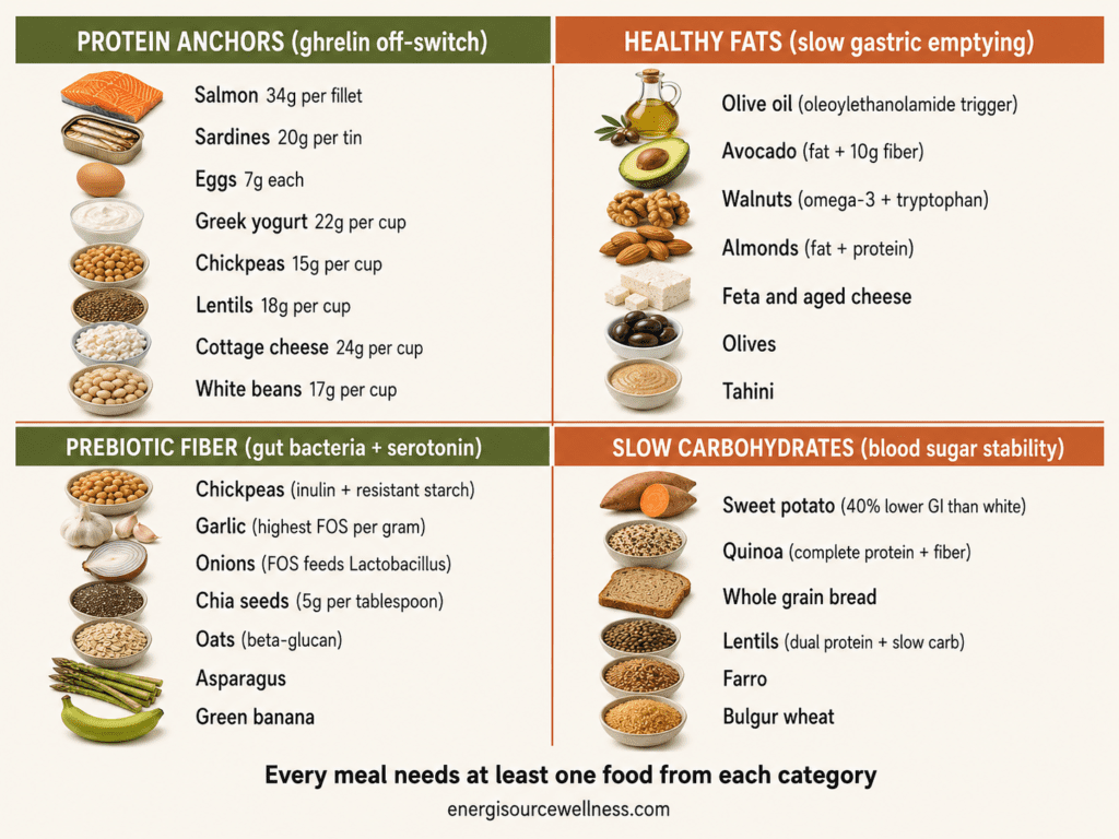 The Mediterranean Diet Food List for Hunger and Fullness (The Version Nobody Else Is Writing) Mediterranean diet food list organized by function showing protein anchors healthy fats prebiotic fiber and slow carbohydrates in a four category visual reference