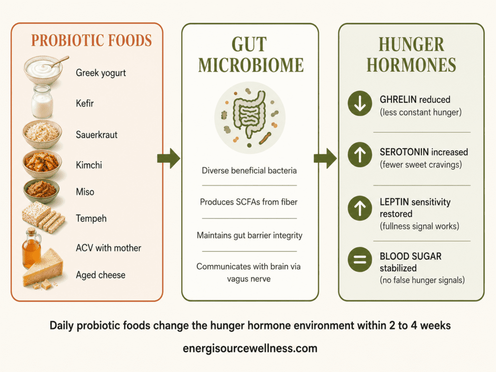How probiotic foods regulate hunger hormones infographic showing gut bacteria connection to ghrelin serotonin and leptin with Mediterranean food examples