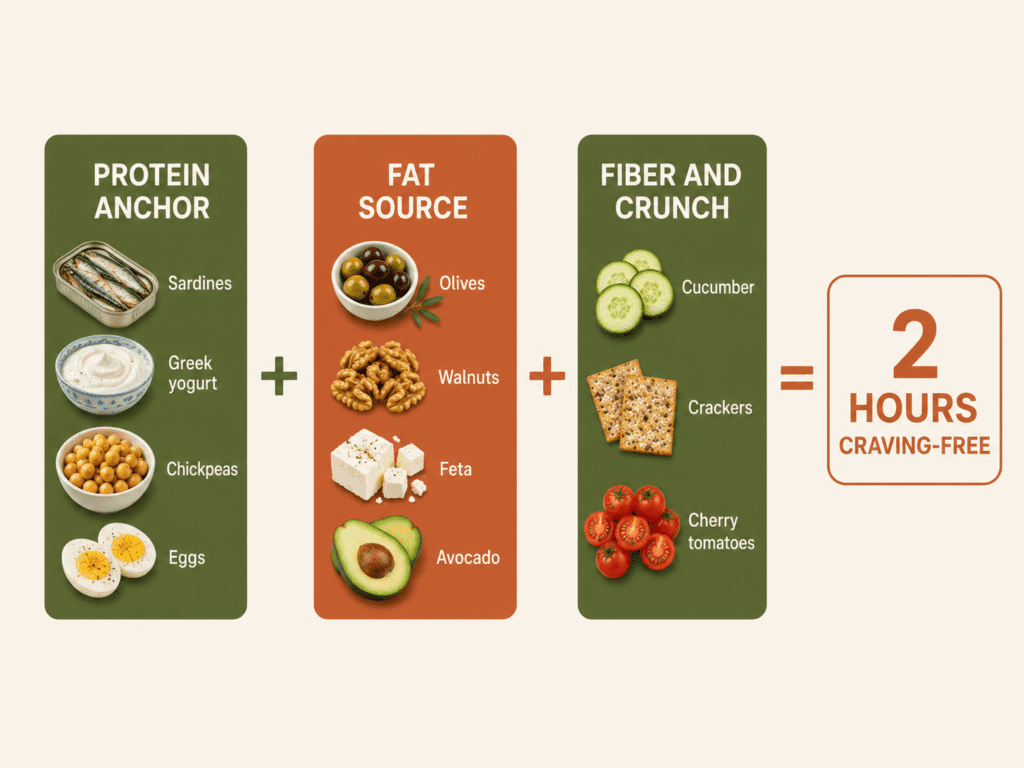 5-Minute Mediterranean Snack Boxes That Stop the 3pm Craving at Your Desk Mediterranean snack box formula diagram showing protein anchor plus fat source plus fiber and crunch equals 2 hour craving control