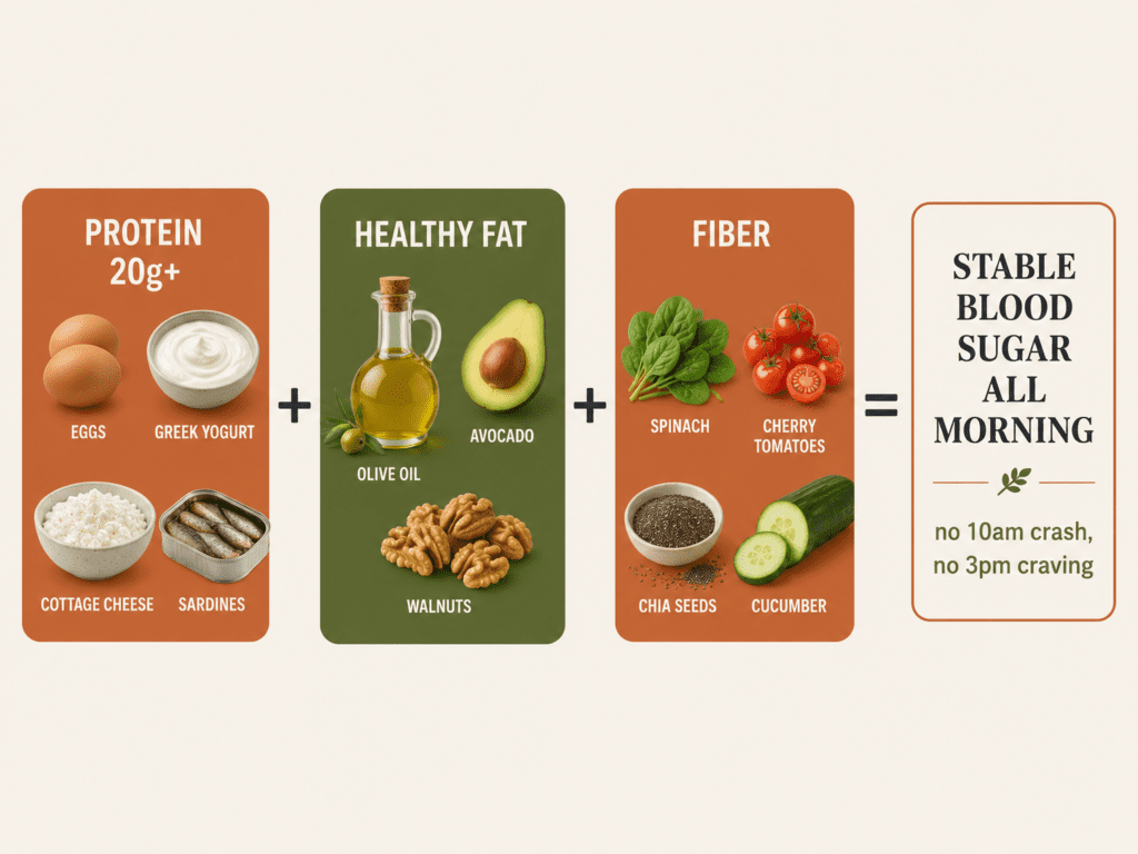 The Best Breakfast for Stable Blood Sugar All Day (It Is Not What the Health Food Industry Sells You) Three-element breakfast formula showing protein plus healthy fat plus fiber equals stable blood sugar all morning with Mediterranean food examples