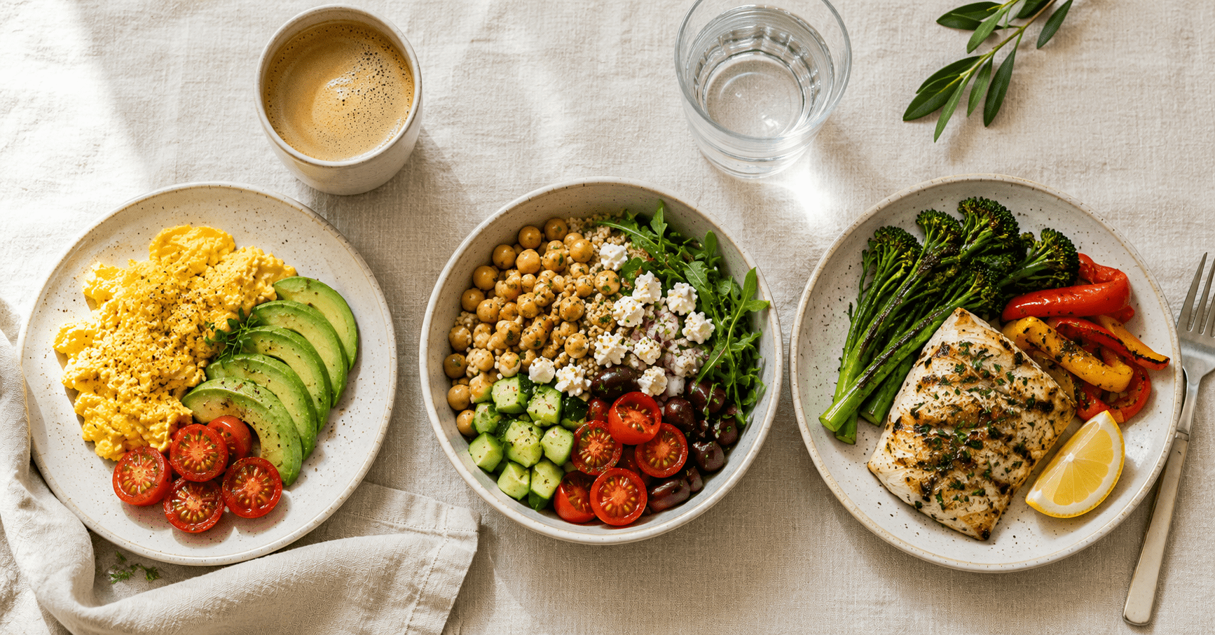 What I Eat in a Day on the Mediterranean Diet What I eat in a day on the Mediterranean diet flat lay with savory breakfast lunch bowl and dinner plate on linen