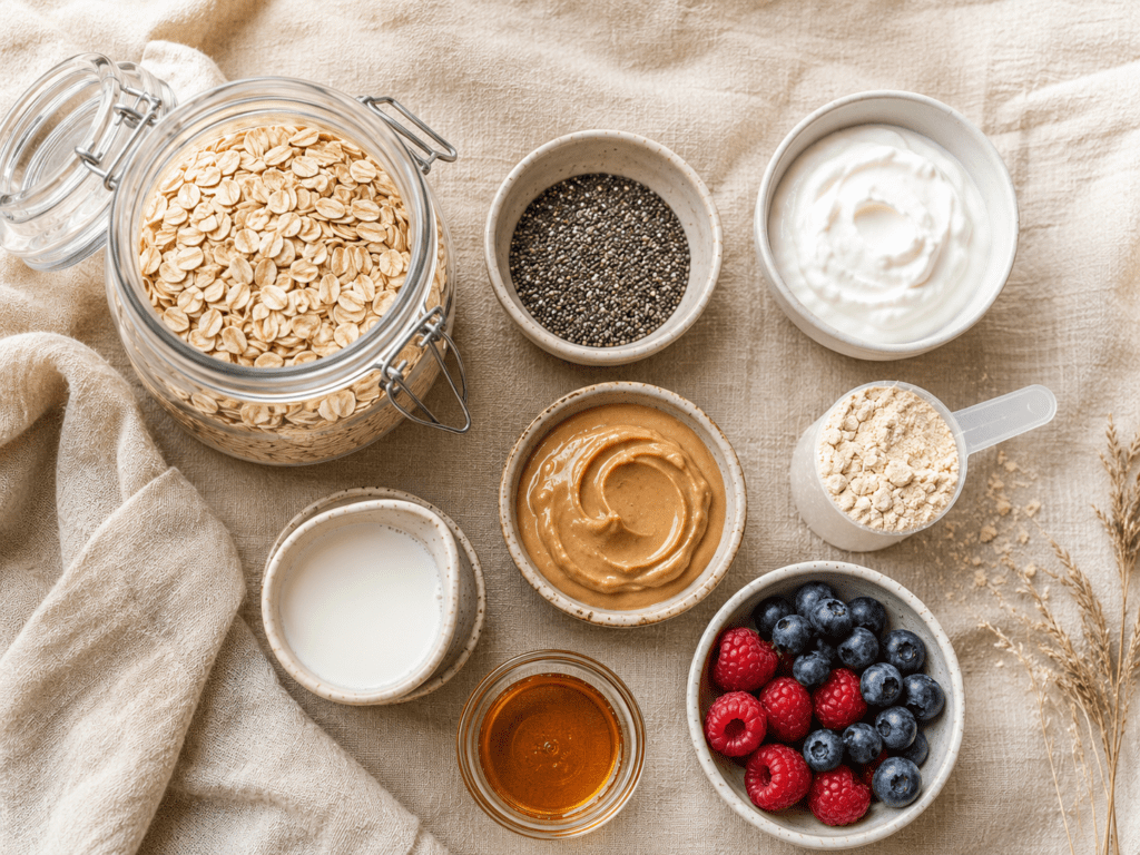 High Protein Overnight Oats with Chia Seeds That Keep You Full Overhead flat lay of healthy overnight oats ingredients including chia seeds Greek yogurt protein powder oats and honey, high protein breakfast prep ingredients