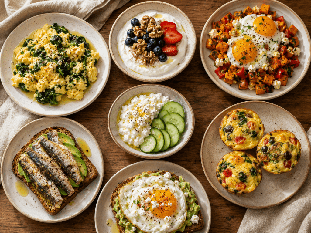 Seven Mediterranean savory breakfast options in small plates showing eggs yogurt sardines cottage cheese hash muffins and avocado toast