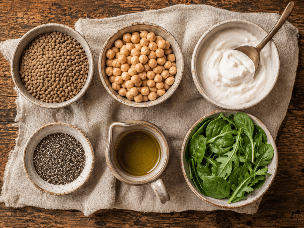 Six Mediterranean gut health foods arranged in ceramic bowls overhead, lentils chickpeas Greek yogurt chia seeds olive oil and leafy greens
