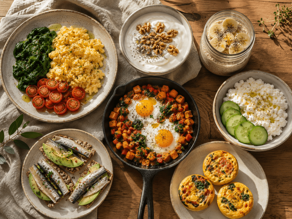 The Best Breakfast for Stable Blood Sugar All Day (It Is Not What the Health Food Industry Sells You) Seven best breakfasts for stable blood sugar arranged in a flat lay showing eggs yogurt overnight oats cottage cheese hash sardines and egg muffins