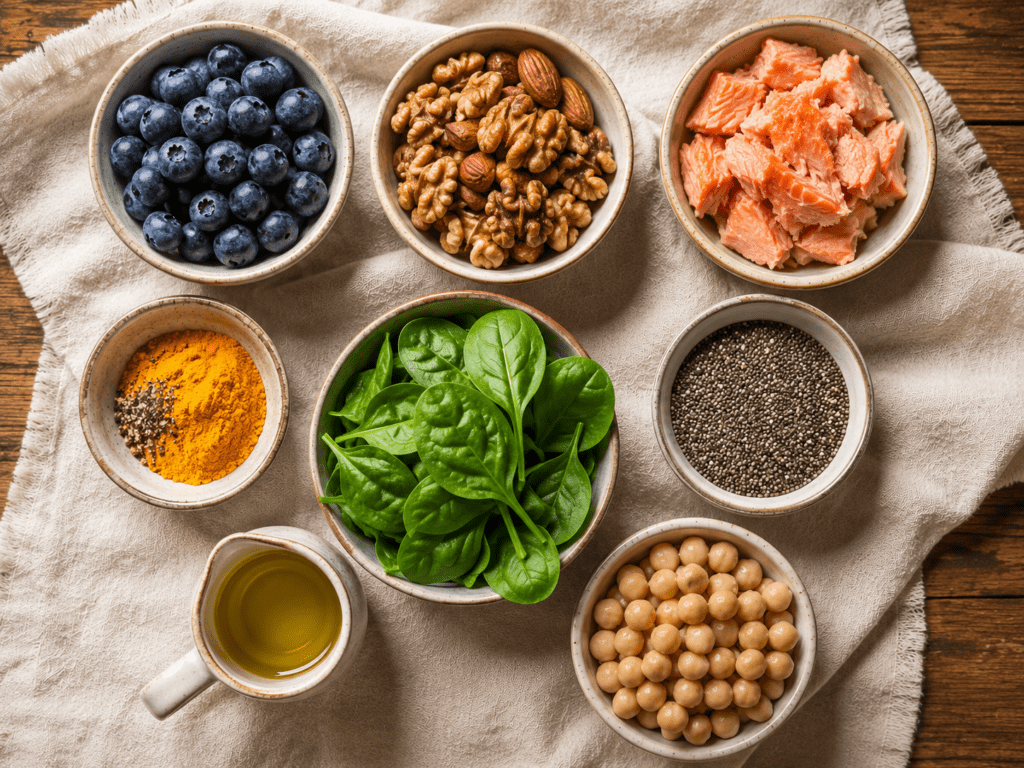 Anti inflammation diet foods arranged in ceramic bowls overhead including blueberries walnuts salmon turmeric and leafy greens, foods that fight inflammation