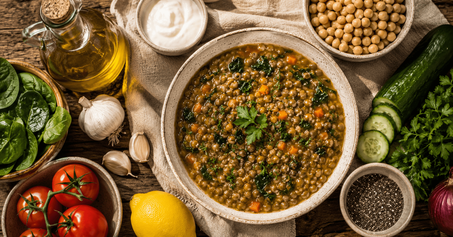 Mediterranean gut health recipes laid out on a wooden table with fermented foods olive oil lentils and fresh vegetables, gut health diet meal plan