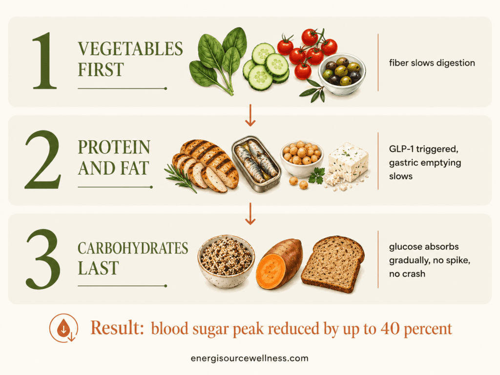 How to Order Your Food on Your Plate to Avoid the 3pm Crash Three-step food sequencing diagram showing vegetables first then protein then carbohydrates last to prevent blood sugar spike