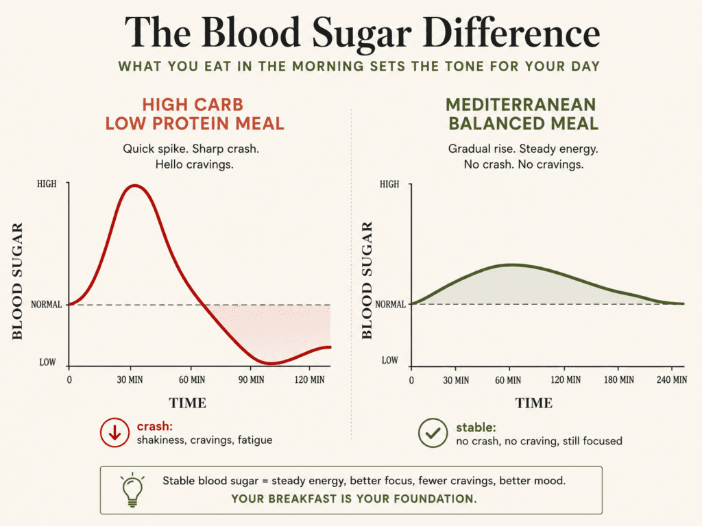 Timeline graphic showing blood sugar spike and crash cycle after a high carb low protein meal versus flat stable glucose curve after Mediterranean balanced meal