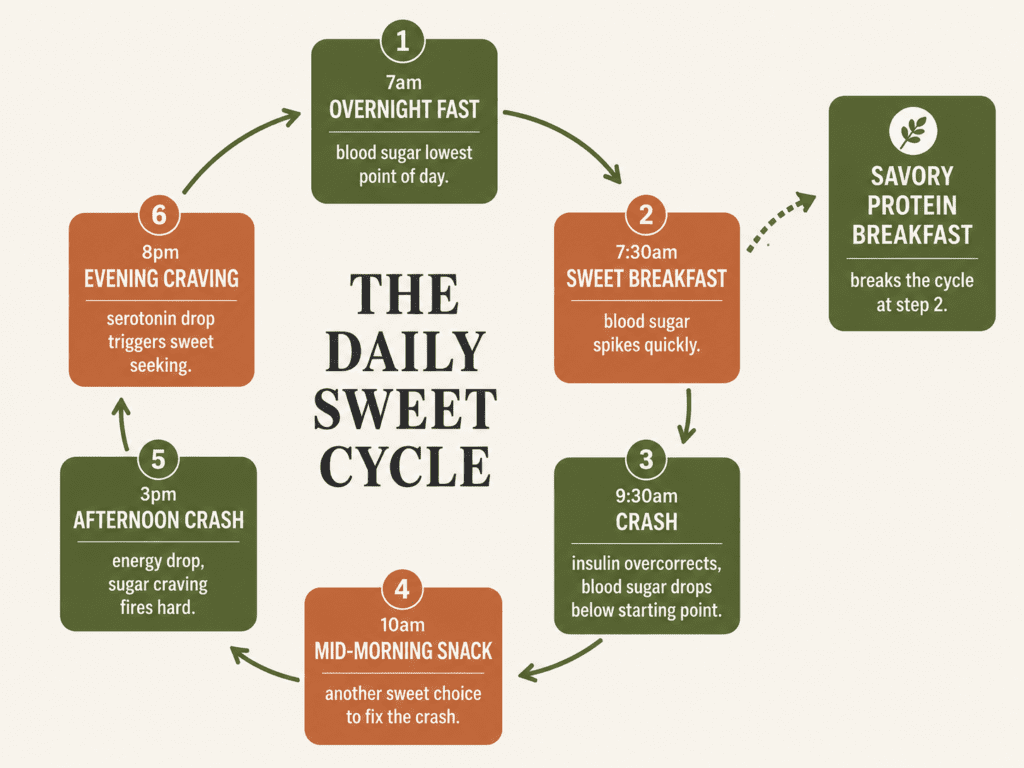 Why Do I Crave Sugar in the Morning? (And Why Your Breakfast Is Setting the Pattern for the Whole Day) Daily blood sugar craving cycle diagram showing how morning sweet breakfast creates afternoon crash and evening cravings in a repeating loop