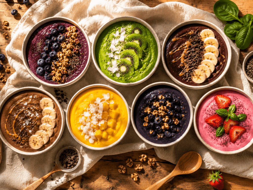 Seven high protein smoothie bowl recipes in ceramic bowls showing berry acai green chocolate mango blueberry and strawberry variations