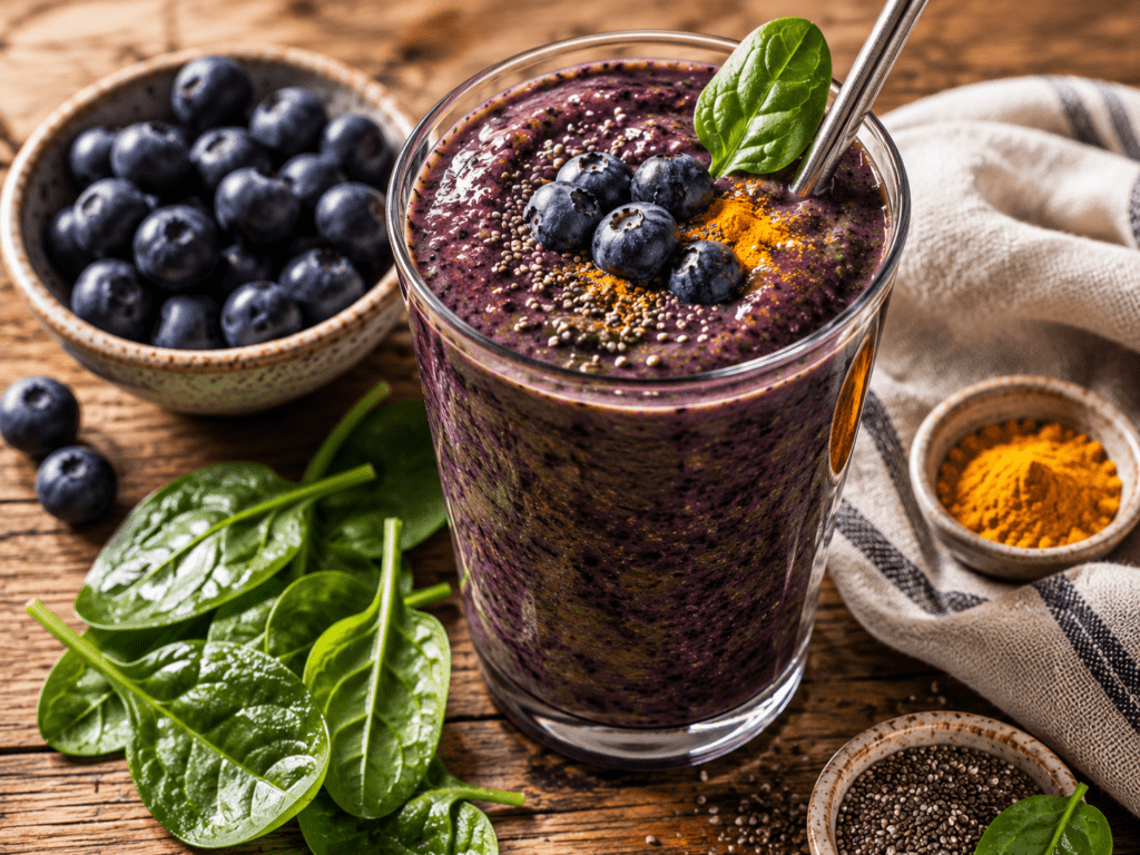 Mediterranean gut health smoothie in a glass with chia seeds spinach blueberries and turmeric, gut health smoothie recipe