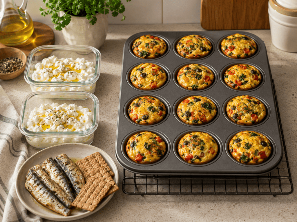 Mediterranean savory breakfast meal prep showing egg muffins and cottage cheese bowls in glass containers ready for the week