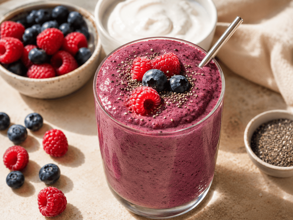 A thick berry Greek yogurt protein smoothie with chia and fresh berries, high protein breakfast smoothie