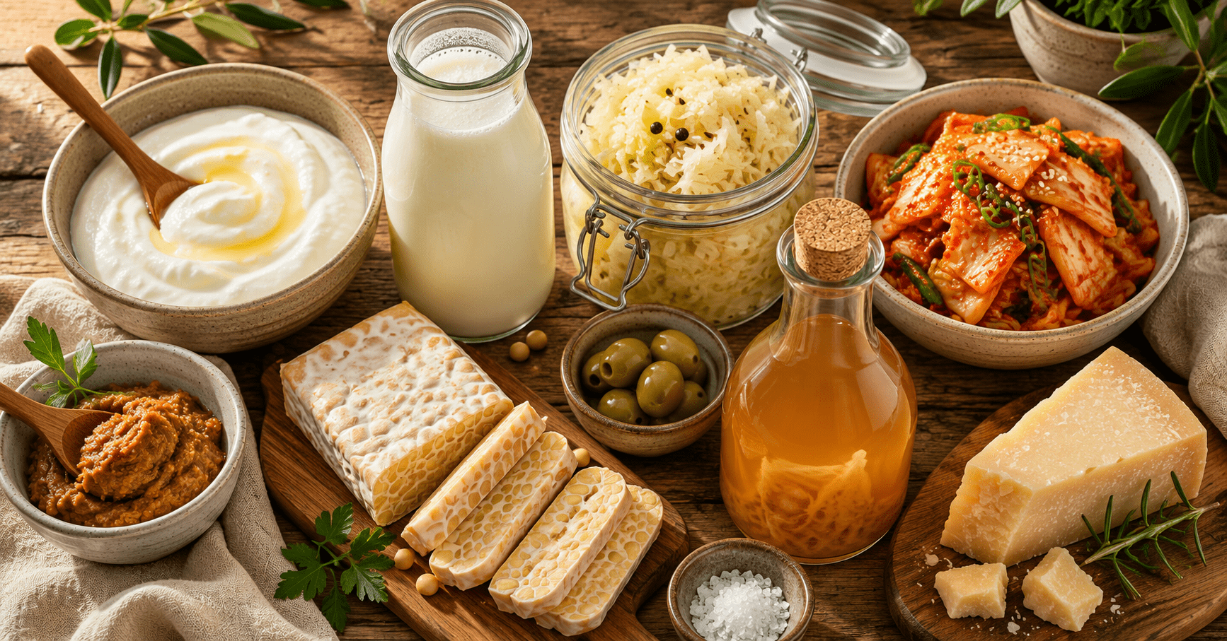 Best Probiotic Foods for Gut Health and Hunger Control (The Connection Nobody Talks About) Best probiotic foods for gut health and hunger control flat lay including Greek yogurt kefir sauerkraut kimchi miso tempeh apple cider vinegar and aged cheese