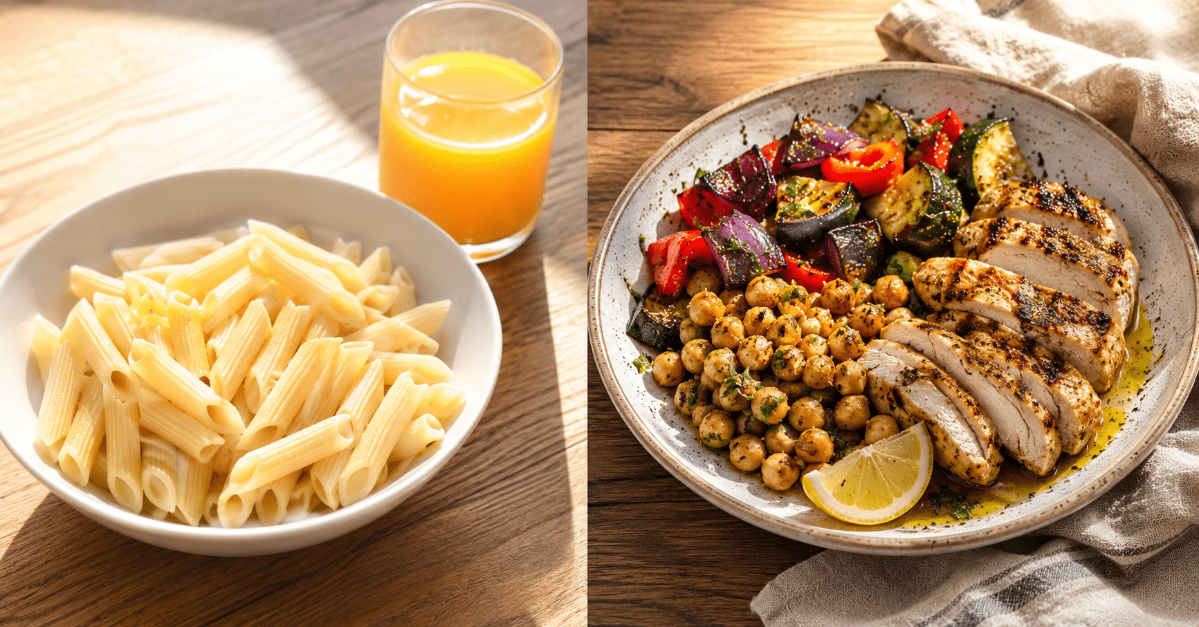 Blood sugar drop after eating symptoms shown alongside a balanced Mediterranean plate with protein fiber and healthy fat as the solution