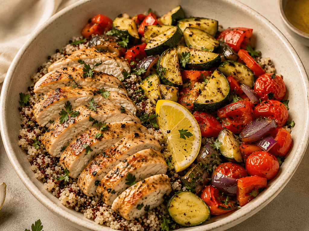 Chicken quinoa and roasted vegetable dinner bowl with olive oil, easy high protein dinner
