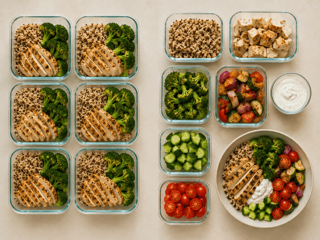  Identical pre-made meal containers next to fresh prepped components, why component meal prep works better