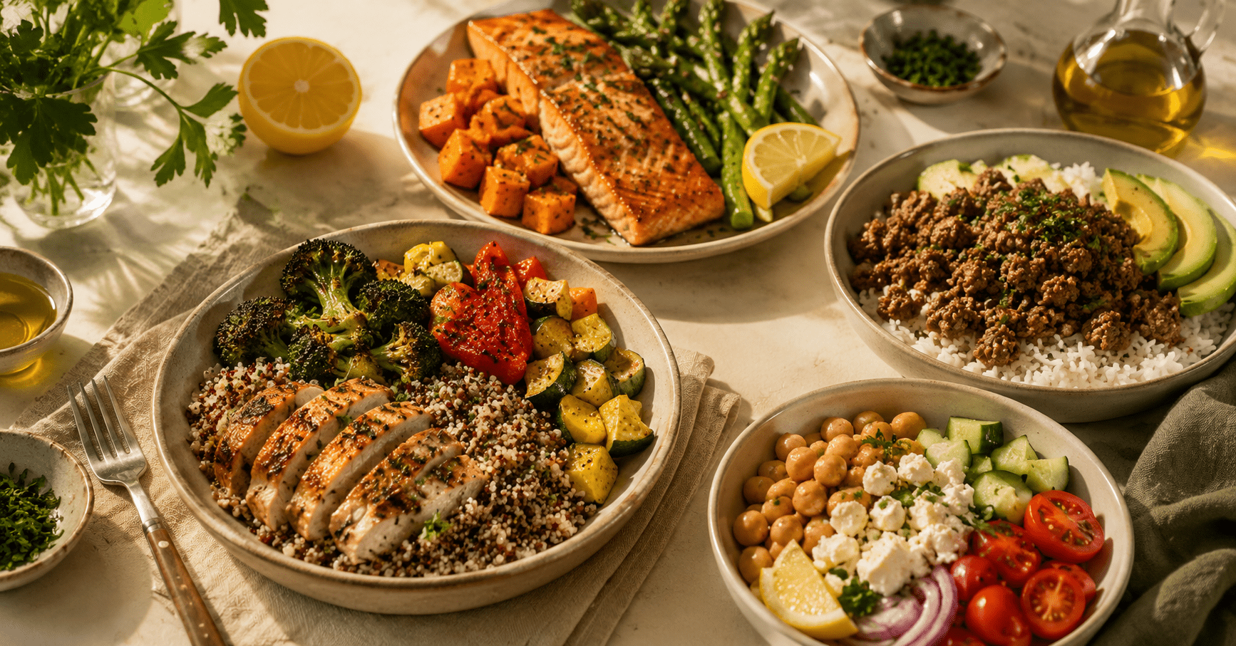 Six easy high protein dinners with chicken, salmon and ground beef bowls on a cream table, easy high protein dinners