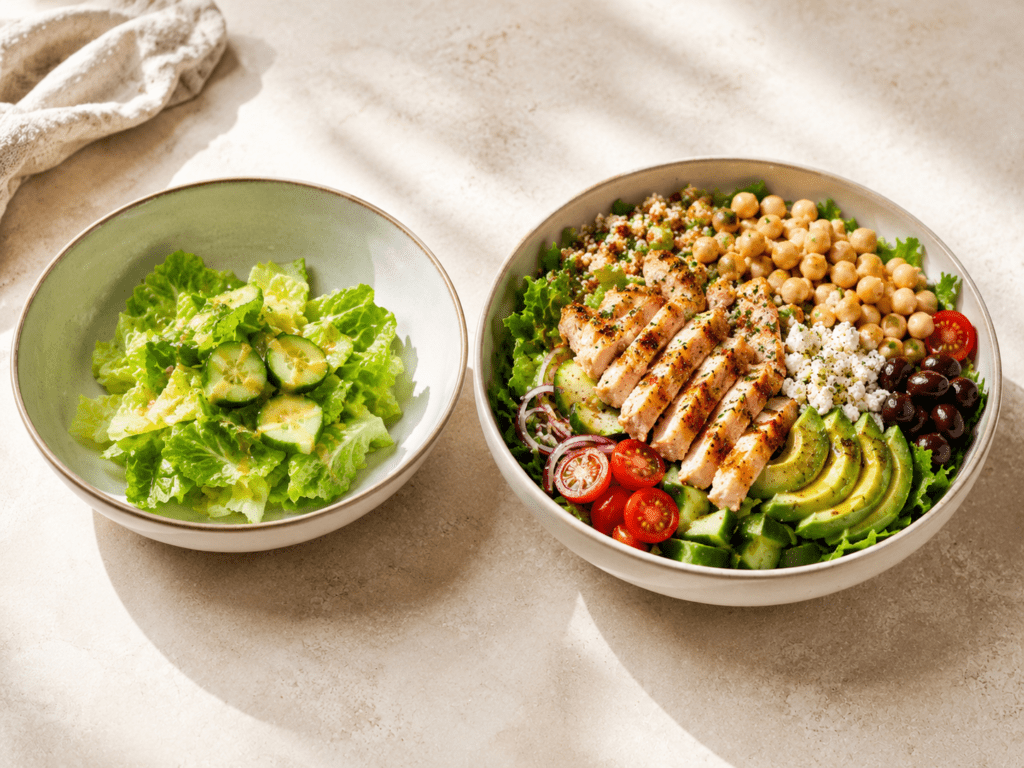 6 High Protein Salad Bowls That Actually Keep You Full A sparse lettuce salad next to a loaded high protein salad bowl, how to make a salad more filling