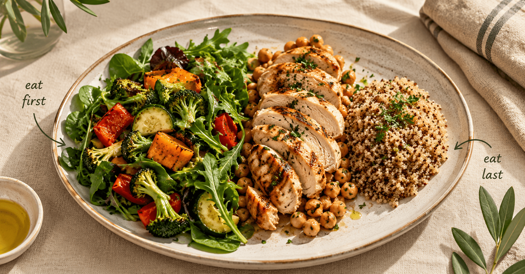How to Order Your Food on Your Plate to Avoid the 3pm Crash Mediterranean lunch plate showing the food order sequence vegetables first then protein then carbs to prevent 3pm blood sugar crash