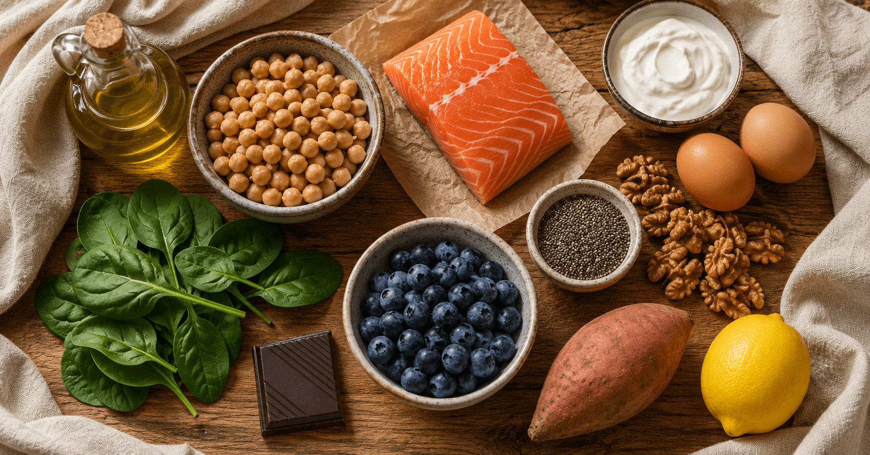 Foods That Stabilize Blood Sugar Naturally (The Mediterranean List for Everyday Energy) Mediterranean foods that stabilize blood sugar flat lay including olive oil chickpeas salmon dark chocolate walnuts and Greek yogurt on wooden surface
