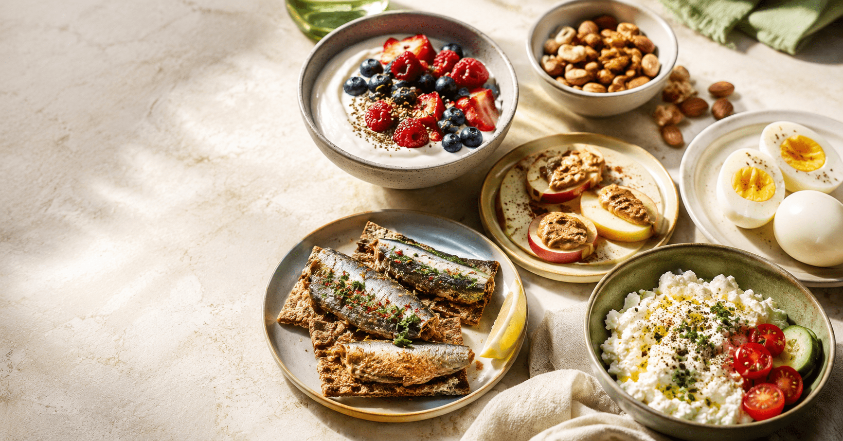 Healthy high protein snacks including sardines on crackers, Greek yogurt and nuts on a cream table, healthy high protein snacks