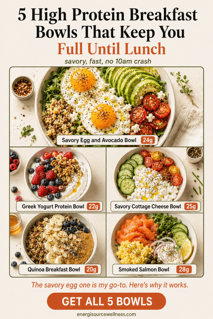 Five high protein breakfast bowls that keep you full until lunch with protein amounts, high protein breakfast bowls
