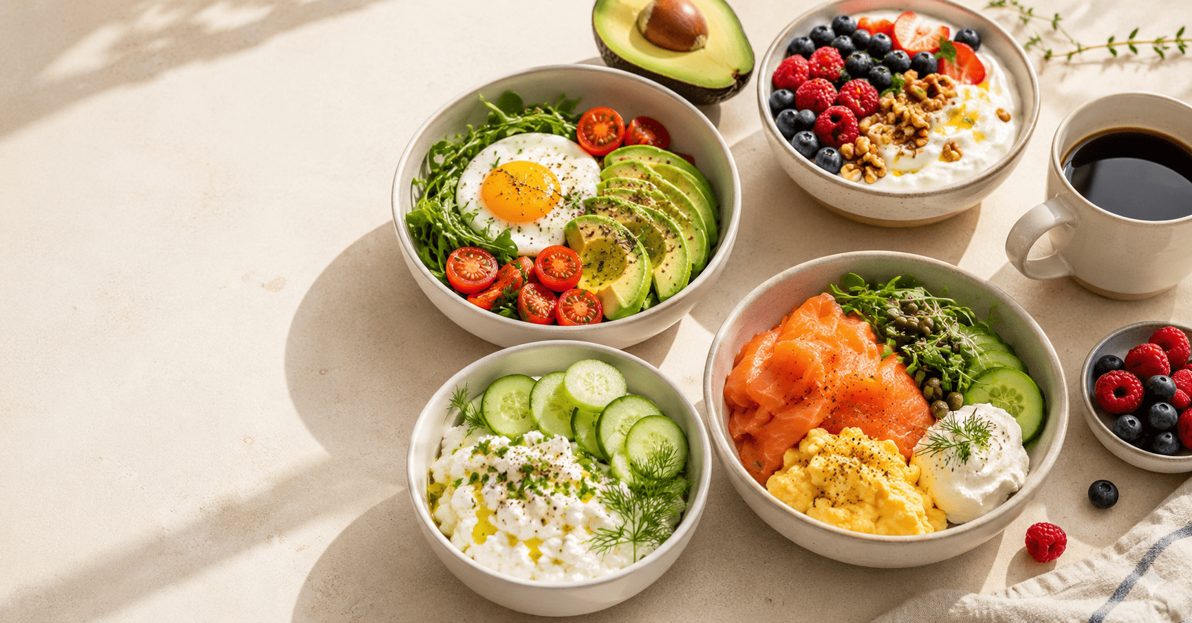 Five high protein breakfast bowls with eggs, Greek yogurt and cottage cheese on a cream table, high protein breakfast bowls