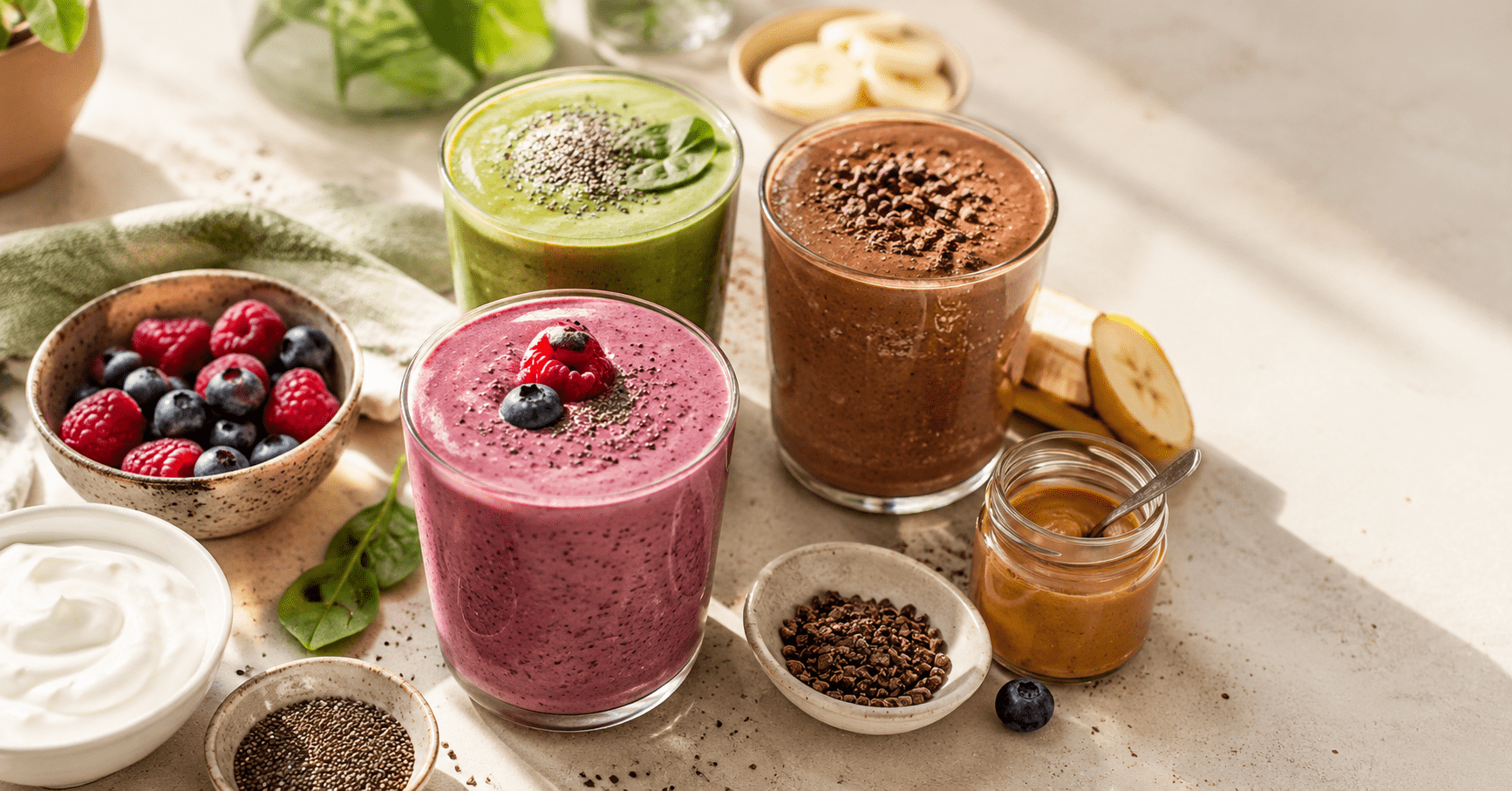 High protein breakfast smoothies in glasses with berries, Greek yogurt and chia on a cream counter, high protein breakfast smoothies