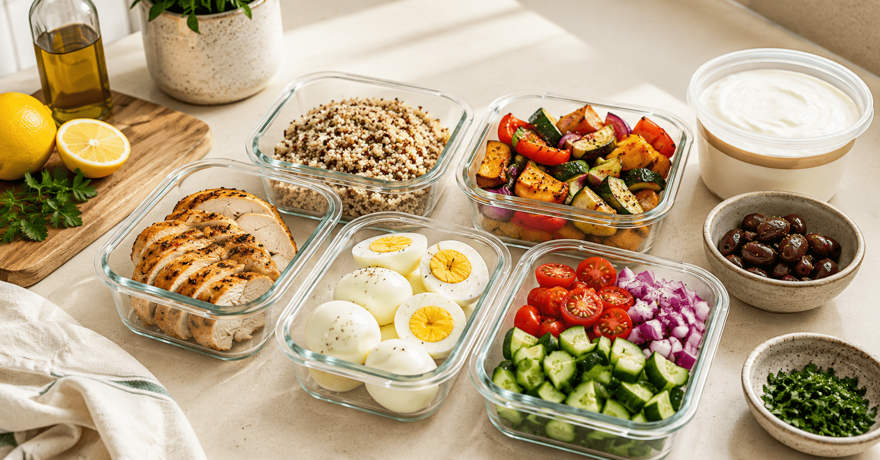 High protein meal prep components in glass containers with chicken, quinoa and vegetables on a cream counter, high protein meal prep for the week