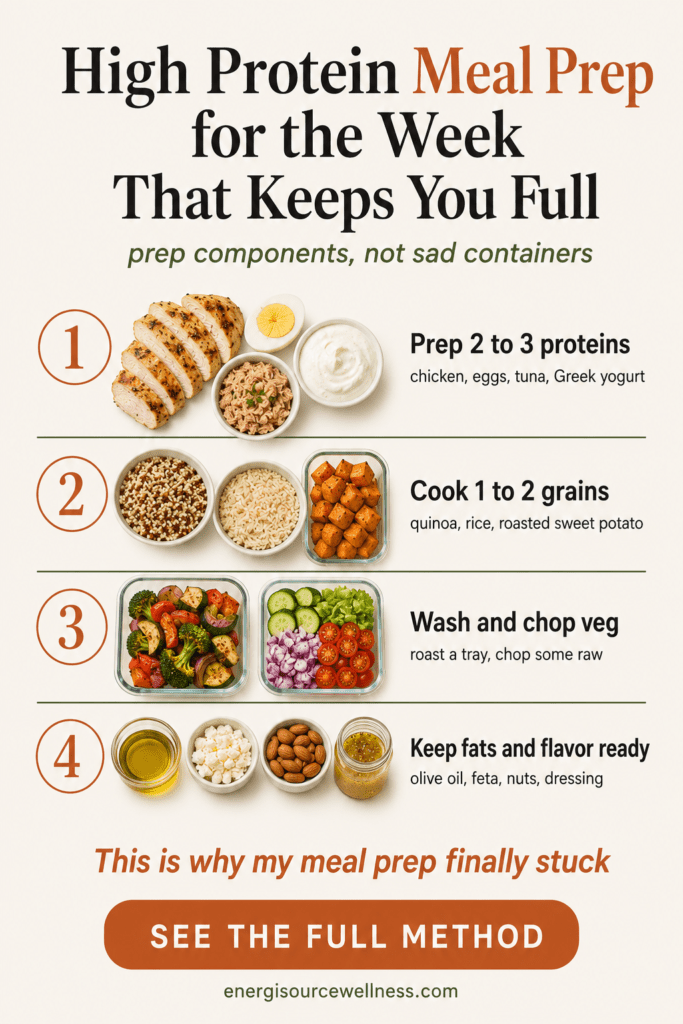 High protein meal prep method with four steps to prep components for the week, high protein meal prep for the week