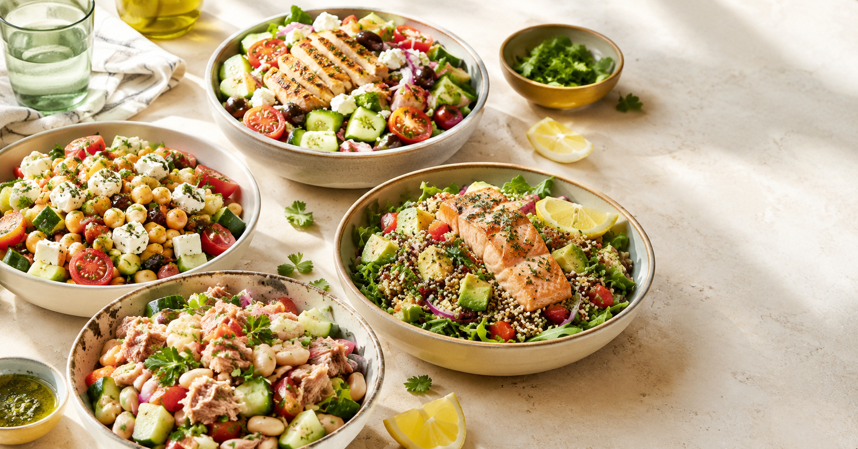 6 High Protein Salad Bowls That Actually Keep You Full Six high protein salad bowls with chicken, salmon, chickpeas and eggs on a cream table, high protein salad bowls