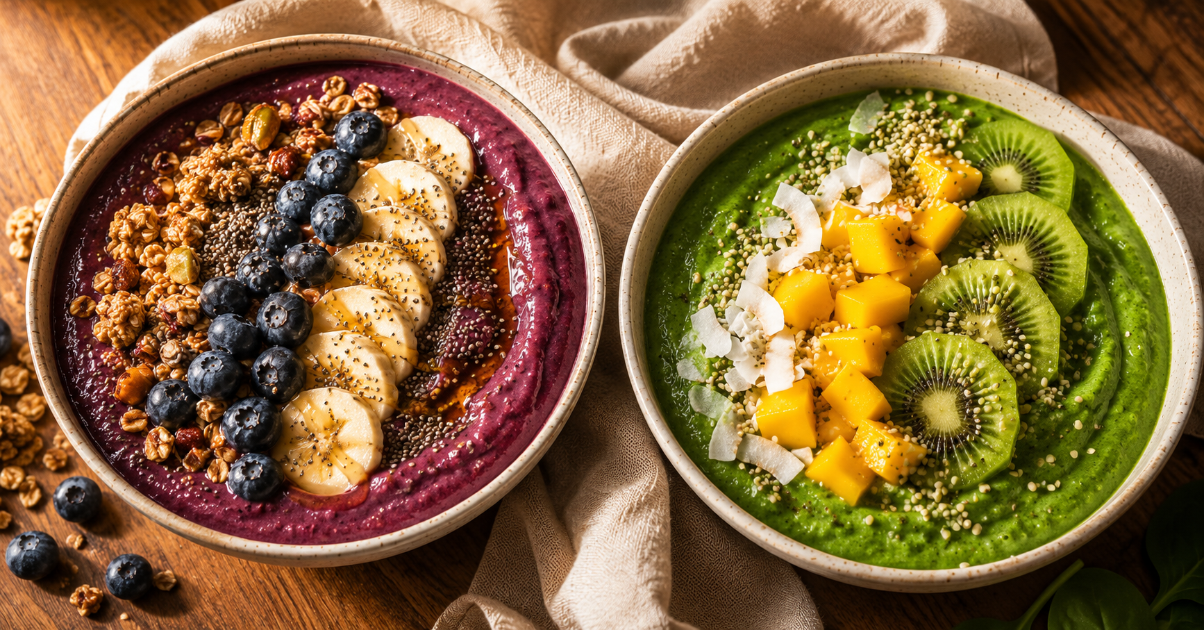 High protein smoothie bowl recipes with Greek yogurt protein powder and chia seeds topped with berries and granola, smoothie bowl recipes that keep you full