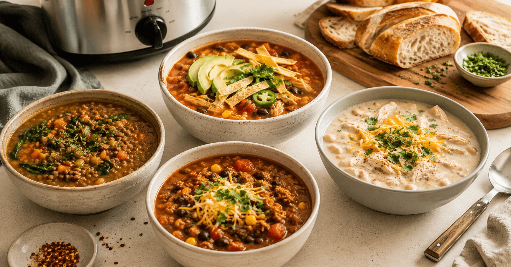High protein soups including lentil, chicken tortilla and white chicken chili in bowls on a cream table, high protein soup recipes