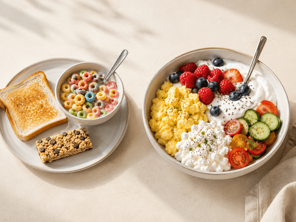 A protein-rich breakfast bowl next to a carb-heavy breakfast, why high protein breakfast keeps you full