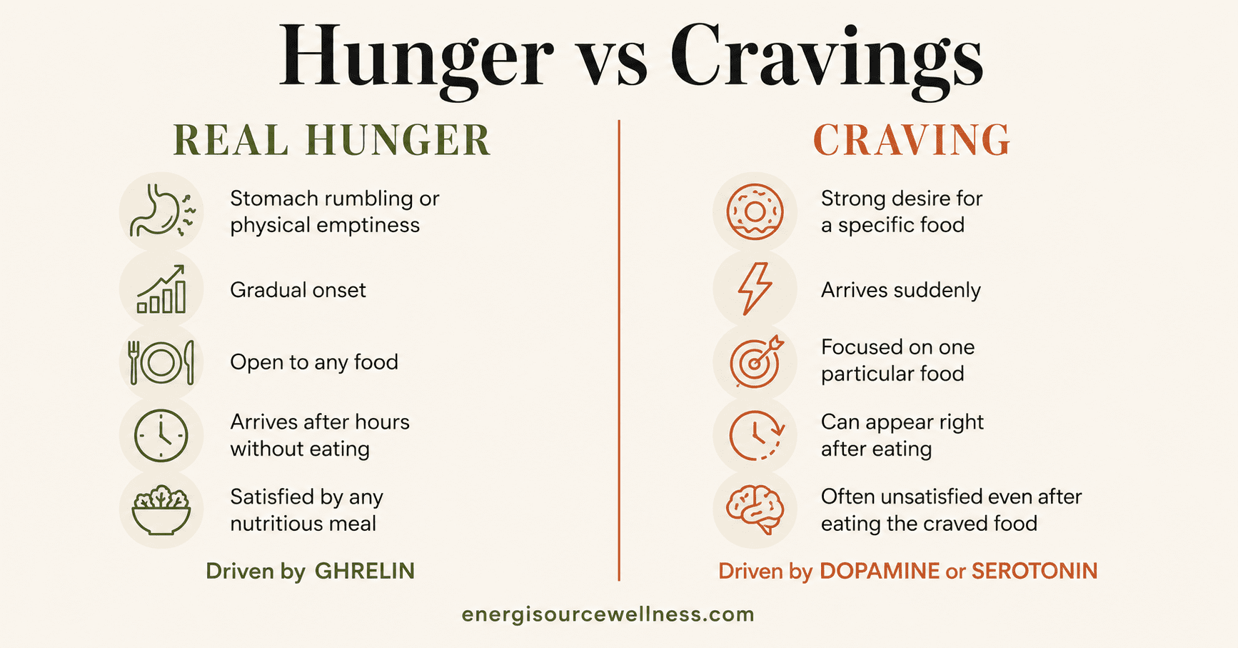 Hunger vs Cravings: How to Tell the Real Difference (and What to Do About Each) Hunger vs cravings comparison showing physical hunger signals on the left and dopamine craving signals on the right with Mediterranean food solutions