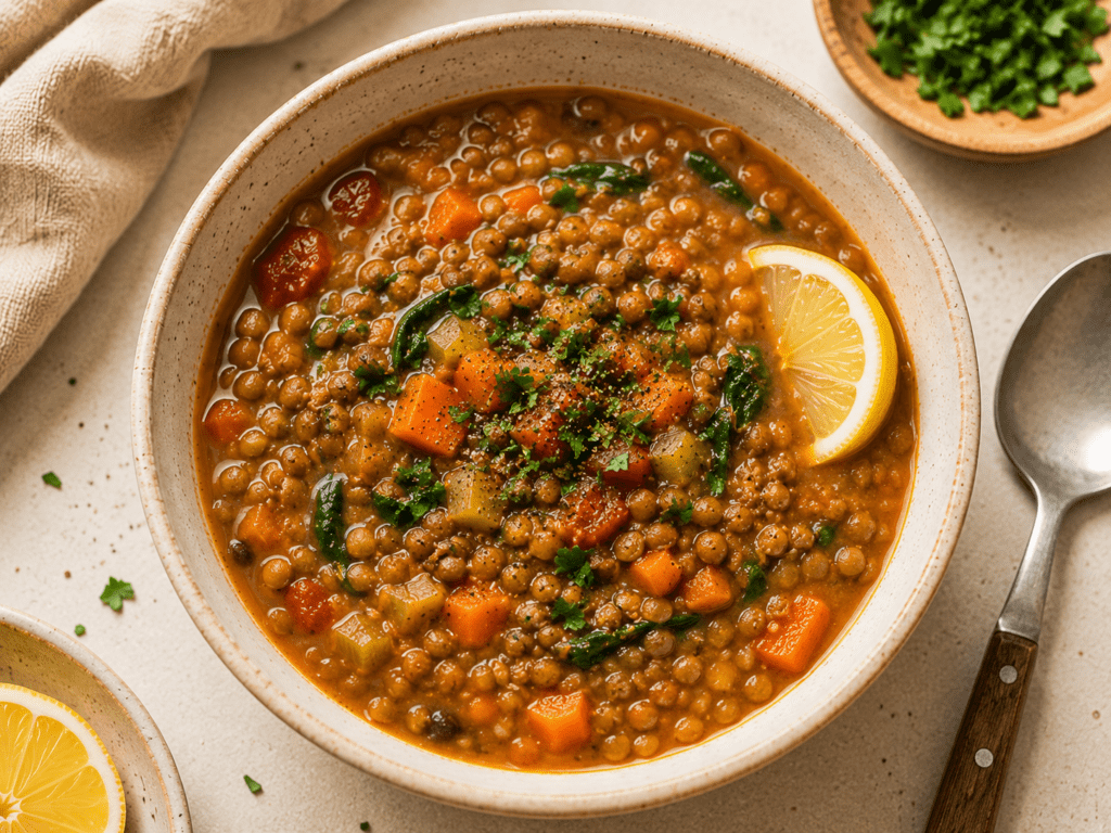 Easy High Protein Soup Recipes (Crockpot Friendly) A hearty bowl of lentil soup with vegetables and lemon, high protein filling soup
