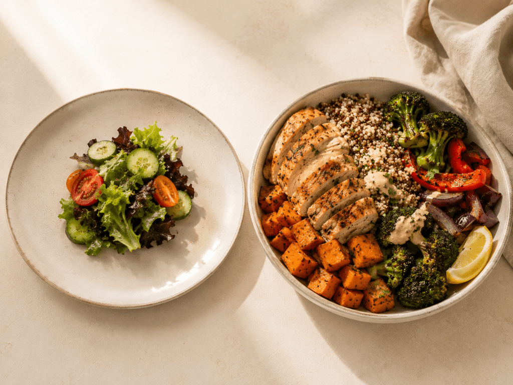 A small light dinner next to a filling high protein dinner bowl, why light dinners lead to night snacking