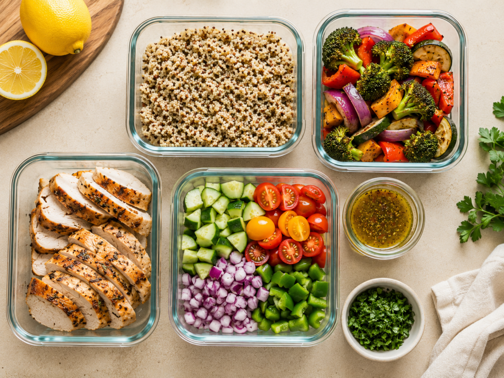 Prepped meal components in separate glass containers ready to assemble fresh meals, high protein meal prep