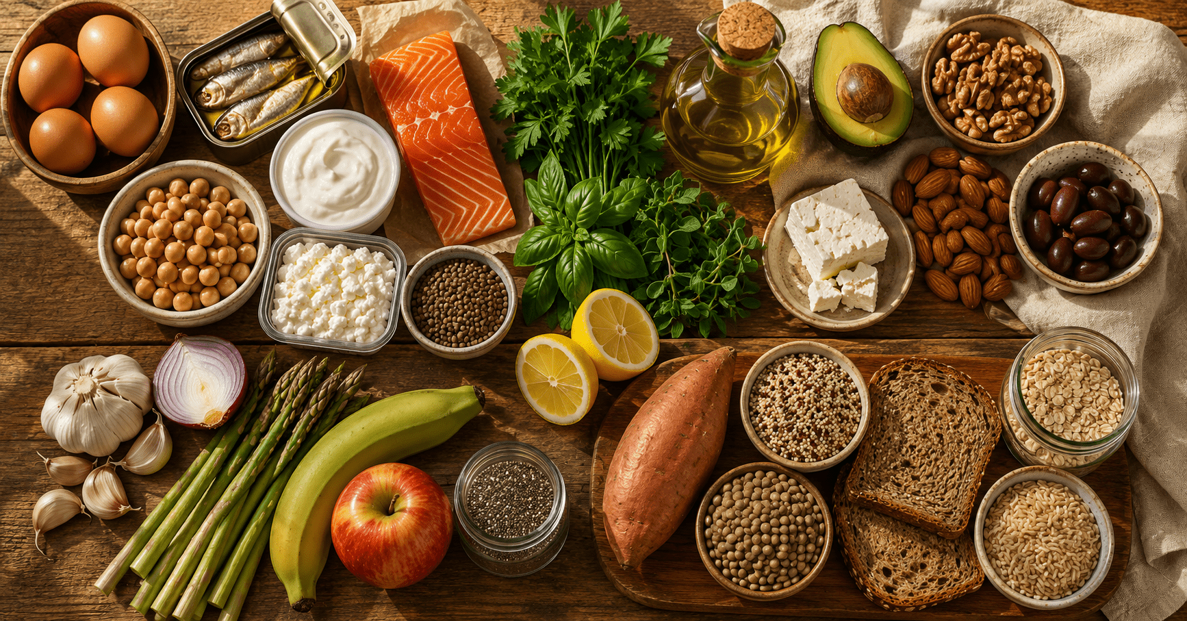 The Mediterranean Diet Food List for Hunger and Fullness (The Version Nobody Else Is Writing) Mediterranean diet food list organized by hunger control function showing protein sources fat sources fiber sources and slow carbohydrates in a complete flat lay