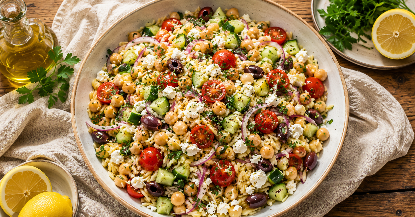 Mediterranean orzo salad with chickpeas feta olives cherry tomatoes and olive oil in a wide ceramic bowl, mediterranean pasta salad recipe